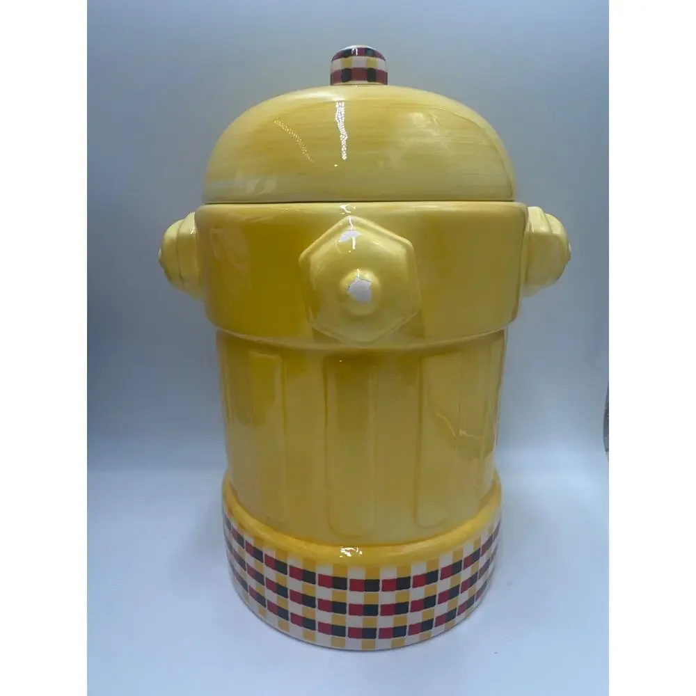 MSRF Inc Fire Hydrant Cookie Jar Yellow Ceramic Checkerboard 12